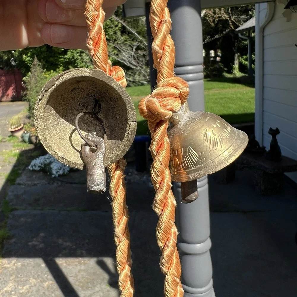 5 Vintage BRASS Bells On a Rope SARNA FARMHOUSE Door Chime